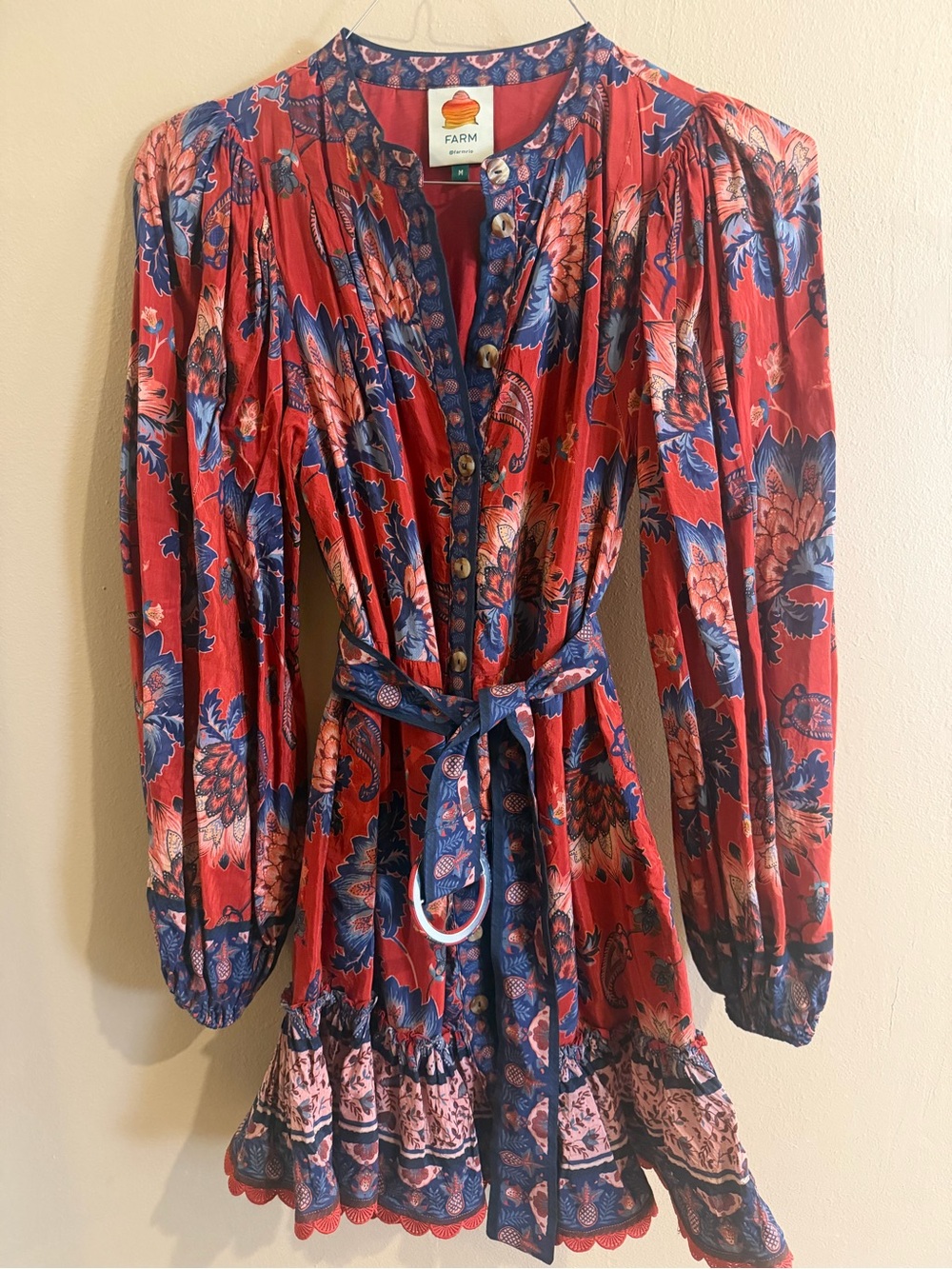 FARM Rio Red Floral and Blue Paisley Buttoned Mini Dress